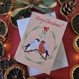 Gimpel Weihnachtskarte, traditionelle Weihnachten, Liebesvögel, frohe Weihnachten, Misseltoe, Rotkehlchen, printable