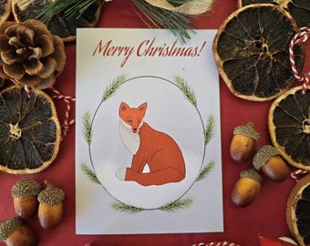 Carte de Noël, Renard roux, Couronne de Noël, Joyeux Noël, Renard de Noël