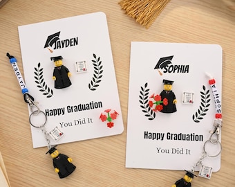 Miniaturowa figurka „Radość na Twój Wielki Dzień” – spersonalizowany zestaw breloków do kluczy w stylu bloku pikseli 3D dla absolwentów – prezent na ukończenie szkoły dla absolwentów i kolegów z klasy