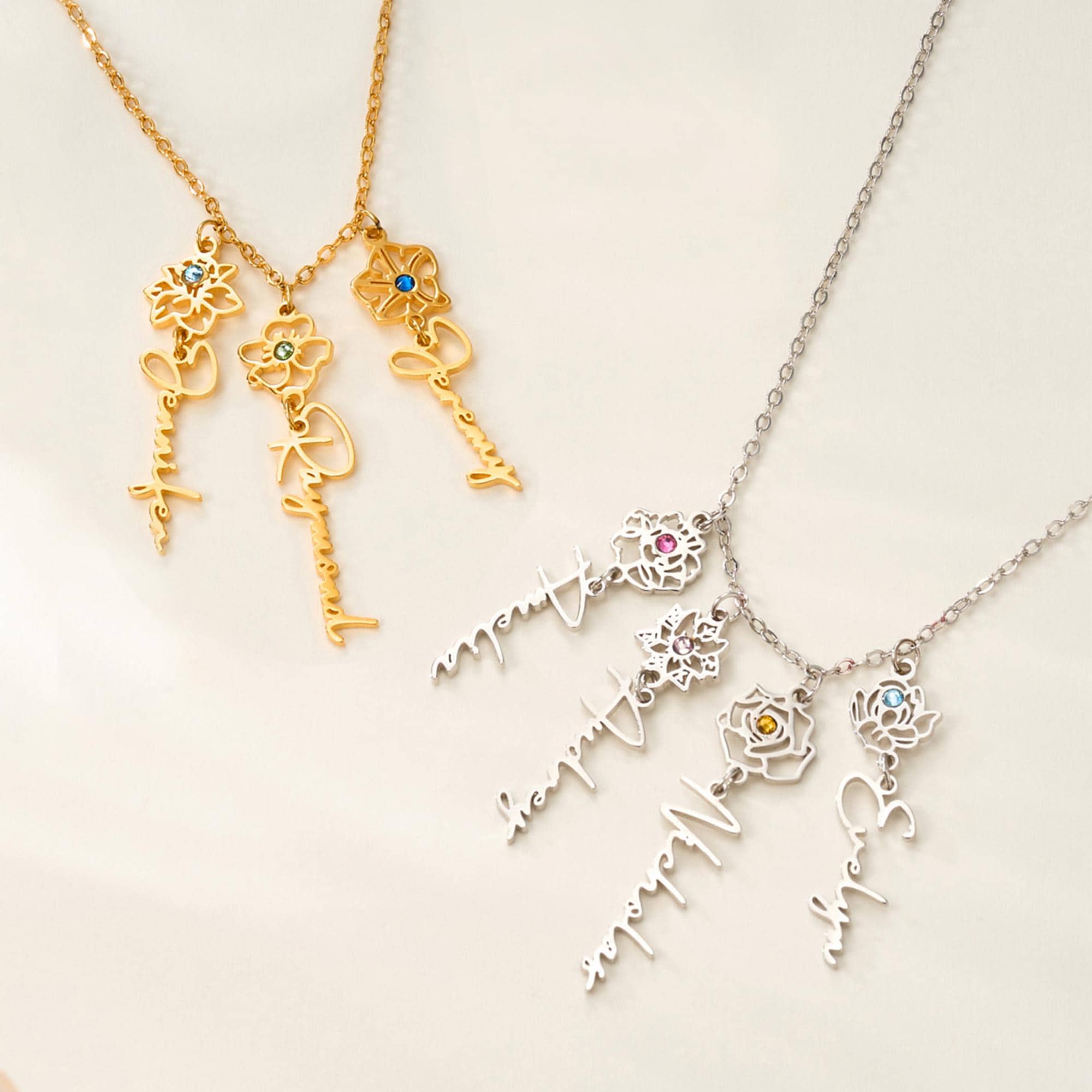 Personalized 1-8 Birth Flower Birthstone Necklace with Name Dainty…