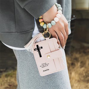 Chaveiro de flores de nascimento personalizado com cruz, carteira de couro com pulseira de contas e nome, presente de Natal e Páscoa para mulheres cristãs