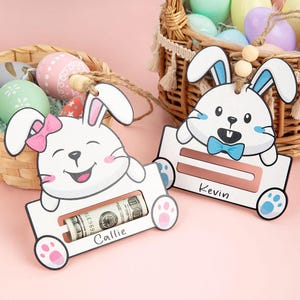 Custom Name Easter Bunny Money Holder, Wooden Easter Basket Tag with Beads, Easter Party Favor Basket Stuffer, Easter Gift for Kids/Teens
