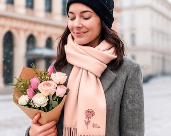 Personalized Super Soft Warm Scarf with Embroidered Birth Flower and Text Fashion Accessory Birthday Christmas Gift for Couple Family