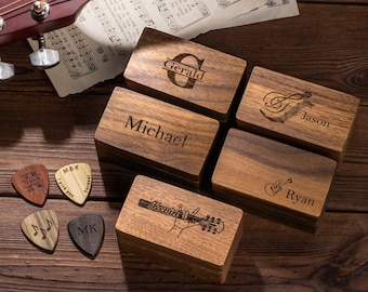 Personalisierte Hölzerne Gitarren-Picks Magnetische Aufbewahrungsbox-Set mit graviertem Text und Symbol Geburtstagsgeschenk für Musiker Gitarristen