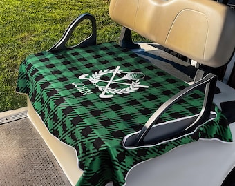 Personalized Golf Club Wreath Plaid Golf Cart Seat Cover with Name and Initial Golf Course Accessories Birthday Gift for Golfer Country Club
