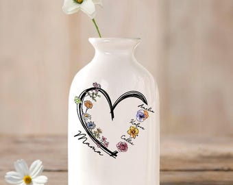 Personliga namn och födelseblommor i vas med hjärta, keramisk vas för kvinnor, mors dag/födelsedagspresent till mamma/mormor/trädgårdsälskare