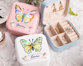 Gepersonaliseerde Draagbare Aquarel Vlinder Bloem Sieraden Doos met Naam Verjaardag Bruiloft Vrijgezellenfeest Bruidsmeisjesfeestje Cadeau voor Vrouwen Meisjes