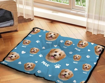 Personalized Paws Bones Dog Cat Face Photo Pet Mat with Name Outdoor Activities Indoor Rest Birthday Gift for Pet Owners Lovers