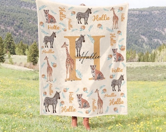 Personalized Cute Jungle Animal Soft Throw Blanket with Name Baby Shower Christmas Gift for Boys Girls