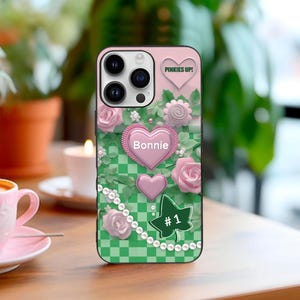 Aangepaste naamnummer AKA roze groen telefoonhoesje, hart bloemen vrouwenclub TPU telefoonhoesje voor iPhone, verjaardag/verjaardag/kerstcadeau