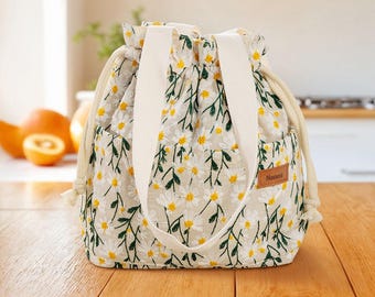 Personalized Embroidered Daisy Drawstring Lunch Bag with Engraved Name and Pockets Birthday Back to School Picnic Gift for Women Kids