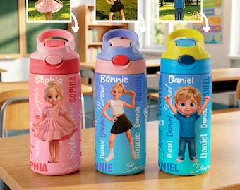 Personalized Cartoon Character BPA-Free Transparent Insulated Water Bottle with Straw Handle and Name Back to School Birthday Gift for Kids