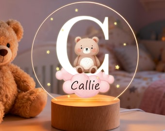 Personalized Fantasy Star Cloud Cute Forest Animal Initial Name LED Night Light with Wooden Base Nursery Decor Birthday Baby Shower Gift