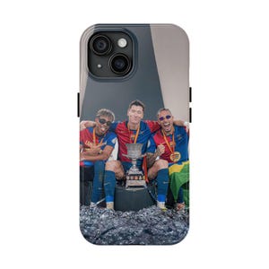 Custodia per telefono Soccer Champions, custodia per telefono resistente con Lamine Yamal, Raphinha e Robert Lewandowski, design del trofeo di calcio, regalo per tifosi sportivi,