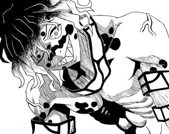 May include: A black and white ink illustration of a character with multiple eyes, a wide grin showing sharp teeth, and wavy hair. The figure features dark spots on the skin, wears rectangular arm bands, and has a signature mark near the bottom.