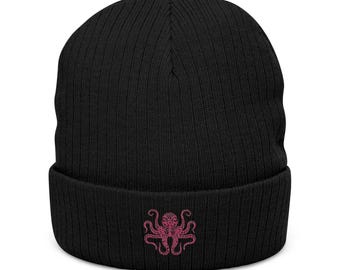 Bestickte Oktopus-Mütze: Gerippte Wintermütze mit Bündchen