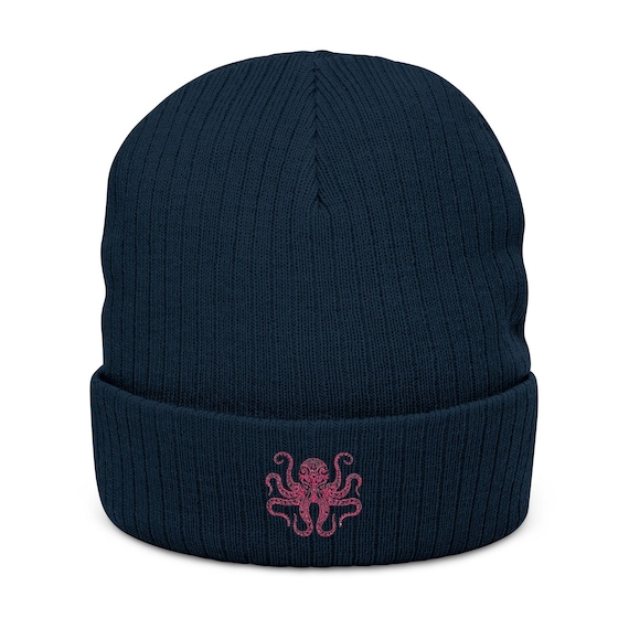 Embroidered Octopus Beanie: Ribbed Knit Cuffed Winter Hat - Etsy display picture 1