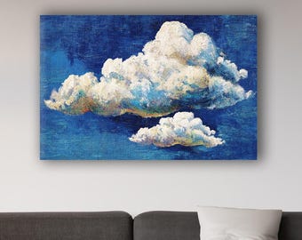 Cloud Canvas Wall Art, Textured Blue Sky Floral Decor, Framed Artwork Ready to Hang