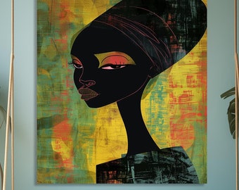 Abstract African Woman Canvas Print, Modern Afrocentric Wall Art, Colorful Minimalist Portrait, Framed Cultural Decor, Boho Woman Art