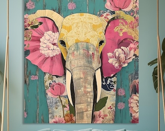 Impresión en lienzo de elefante floral, arte de pared bohemio con animales, decoración colorida enmarcada con elefantes, arte de la selva caprichoso, decoración bohemia con elefantes para el hogar.