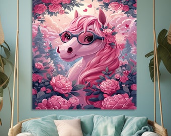Wall Art Canvas Print Kawaii Pink Horse Canvas Wall Decor, Cute Boho Framed Art with Heart Glasses, Perfect for Kids Room and Girly