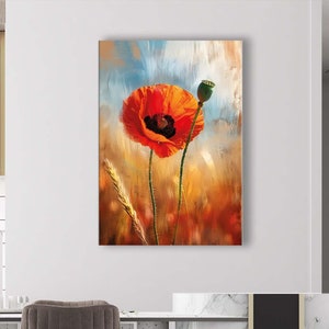 Arte de pared en lienzo Impresión en lienzo Arte moderno Impresión de pared Arte de pared de amapola Arte de amapola Impresiones de amapolas Decoración del hogar Arte floral bohemio Estampado de flores Arte de amapola
