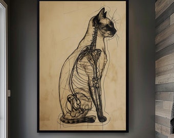 Vintage Cat Anatomy Canvas Wall Decor, Scientific Framed Art, Unique Ink Drawing for Feline and Biology Lovers, Home Decor Gift