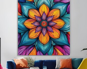 Canvas muurkunst ingelijste kunst woondecoratie levendige geometrische mandala met felle kleuren voor boho en zen geïnspireerd interieur perfect voor meditatie