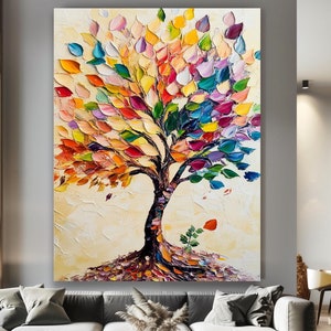 Colorful Abstract Tree Canvas Print, Vibrant Textured Nature Art, Framed Modern Impasto Tree Painting, Bold Nature Inspired Wall Decor