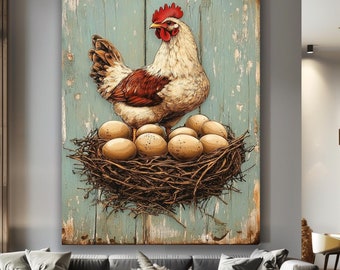 Vintage Farmhouse Hen Canvas Wall Decor with Eggs Nest, Framed Art for Rustic Kitchen and Country Home Decor, Shabby Chic Style
