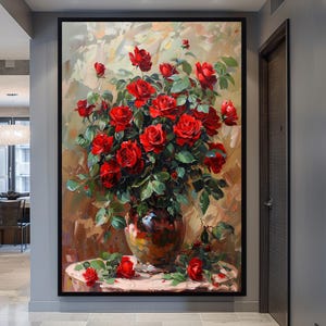 Red Rose Canvas Print, Classic Floral Wall Art, Framed Romantic Rose Painting, Elegant Botanical Home Decor, Flower Vase Art