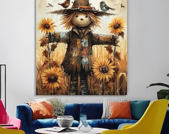 Charming Scarecrow Canvas Wall Decor, Rustic Farmhouse Framed Art with Sunflowers, Perfect for Cozy Autumn and Harvest Season Home Decor