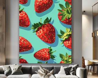 Bright Strawberry Canvas Wall Decor, Pop Art Style Framed Art, Vibrant and Playful Kitchen Wall Art for Modern Home Decor