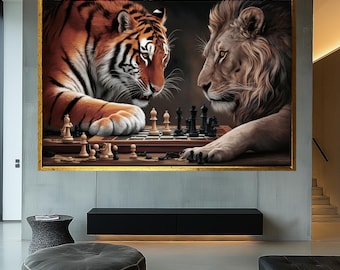 Chess Animal Art, Canvas Wall Decor, Framed Art, Home Decor, Wildlife Chess Art, Lion Tiger Art, Strategy Animal Art, Fierce Animal Decor,