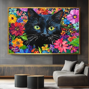 Black Cat Canvas, Canvas Wall Decor, Framed Art, Floral Cat Painting, Canvas Wall Photo, Cat And Flowers Art, Cat Lover Decor Cute Black Cat