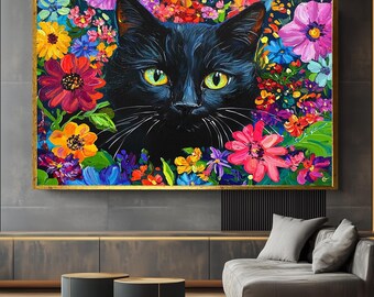 Black Cat Canvas, Canvas Wall Decor, Framed Art, Floral Cat Painting, Canvas Wall Photo, Cat And Flowers Art, Cat Lover Decor Cute Black Cat