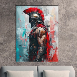 May include: Abstract art print of a Spartan warrior in profile, wearing a helmet with a red crest and a red cape. The artwork features a color palette of red, black, and gray, with splashes of blue and white. The warrior is depicted against a textured background.