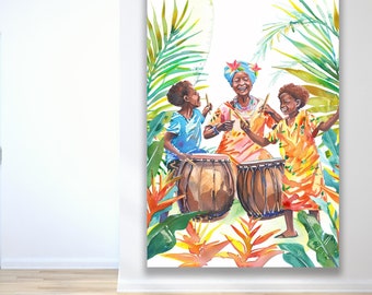 Wall Art Canvas Print Family Celebration Canvas Wall Decor, Vibrant Watercolor Framed Art, Perfect for Tropical and Cultural Home Decor