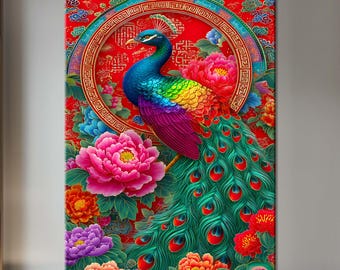 Peacock Wall Art, Boho Wall Art, Peacock Canvas, Canvas Wall Art, Floral Wall Art, Luxury Home Decor, Colorful Bird Art, Nature Decor