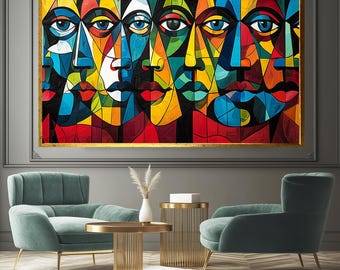 Cubist Face Art, Canvas Wall Decor, Picasso Style Art, Framed Art, Home Decor, Cubist Décor, Colorful Faces Art, Modern Cubism Art Abstract