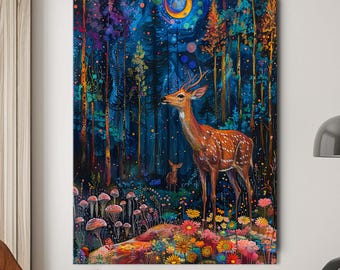 Deer Wall Art, Canvas Wall Decor, Forest Canvas Print, Nature Wall Decor, Framed Art, Room Decor, Mystical Night Art, Art Print Magical