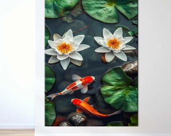 White Lotus Art, Koi Fish Wall Art, Canvas Wall Art, Lotus Wall Decor, Feng Shui Decor, Lotus Flower Art, Meditation Decor, Zen Wall Art,