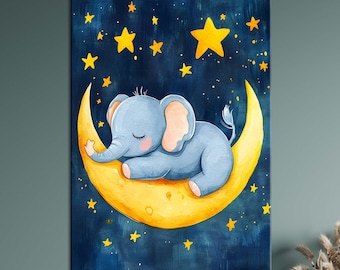 Cute Elephant Canvas, Canvas Wall Decor, Animal Nursery Art, Baby Animal Art, Moon Art, Kids Room Decor, Framed Art, Home Decor,