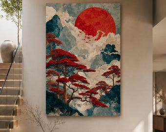 Fuji Mountain and Red Sun Prints Canvas Wall Art, Nature Sign, Asian Landscape, Entryway Decor, Christmas Gift