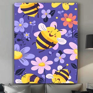 Impresión en lienzo de dibujos animados de abejorro, arte de pared divertido para niños, decoración de guardería con abejas y flores, arte animal alegre para habitación de niños