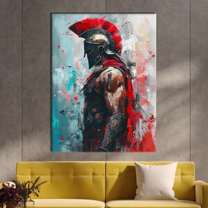 May include: An abstract painting of a Spartan warrior in profile. The artwork features a red plumed helmet, a red cape, and armor. The background has splashes of red, blue, and white paint, creating a dynamic and artistic effect. The painting is displayed on a wall above a yellow sofa.