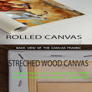 May include: A close-up of a rolled canvas print, showing the back of a stretched wood canvas print. The text "ROLLED CANVAS" is displayed above the rolled canvas and the text "STRETCHED WOOD CANVAS" is displayed above the stretched canvas. The text "CANVAS STRETCHED ON A 2CM WOODEN FRAME READY TO HANG, YOUR GALLERY WRAP IS READY!" is displayed in green text on the stretched canvas.