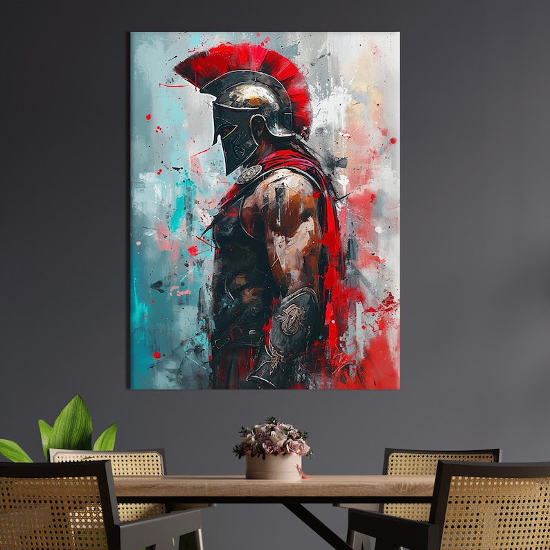 May include: An artistic canvas print of a Spartan warrior in profile. The artwork features a red plumed helmet, a red cloak, and armor. The background has a mix of red, blue, and white brushstrokes, creating a dramatic effect.