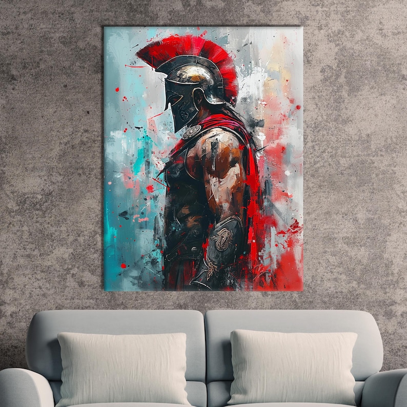 May include: Abstract art print of a Spartan warrior in profile, wearing a helmet with a red crest and a red cape. The artwork features a color palette of red, black, and gray, with splashes of blue and white. The warrior is depicted against a textured background.