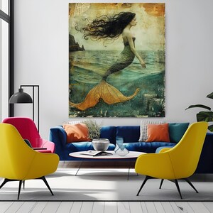 Mermaid wall Art Vintage Decor Canvas Wall Art Gift for Lover Ocean Themed Art Mermaid Gift Mermaid Decor Extra Large Wall Art Home Decor image 4